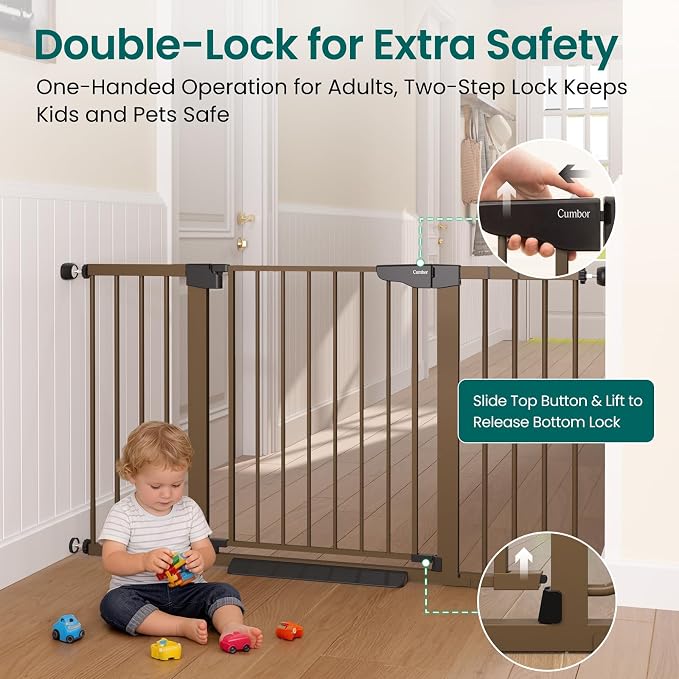 Cumbor 30-54" Extra Wide Baby Gate for Stairs, Dual Lock & Self-Closing Dog Gate Indoor, Easy Install Pet Gate for Doorways, Hallways & Kitchen, Easy Walk Thru Safety Proofing for Babies & Pets, Brown