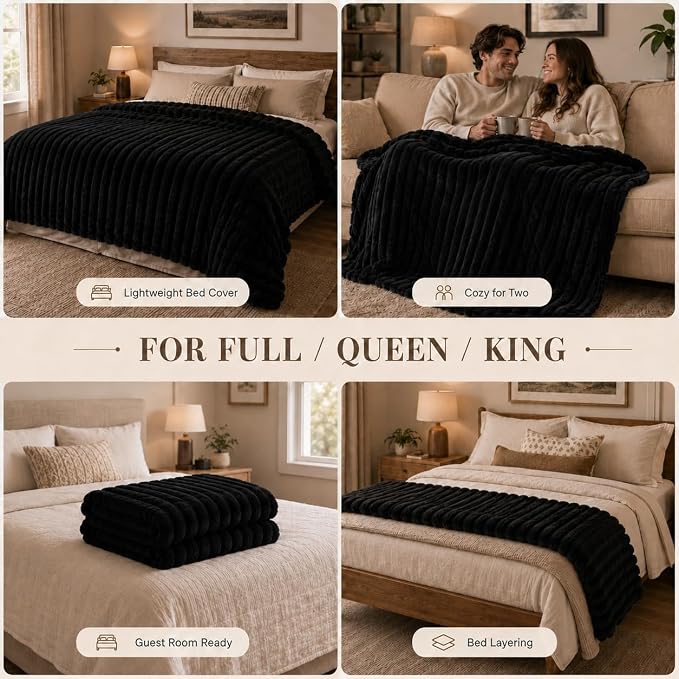 HIMEET Black Full Size Blanket for Bed, 300GSM Ribbed Fleece, 84 x 90 in | Ultra Soft Flannel, All-Season Lightweight Warmth, Bed Layering & Home Room Decor, Gift for Men & Women, Machine Washable