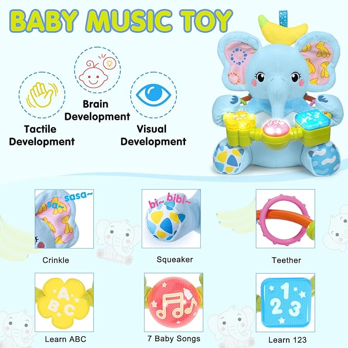 Baby Bilingual Musical Elephant Stuffed Animals Toys,Infant Early Learning Toy with Light-Up Music & Crinkle,Tummy Time Toys for 0 3 6 9 12+ Months for Baby Boy Girl Gift,Blue