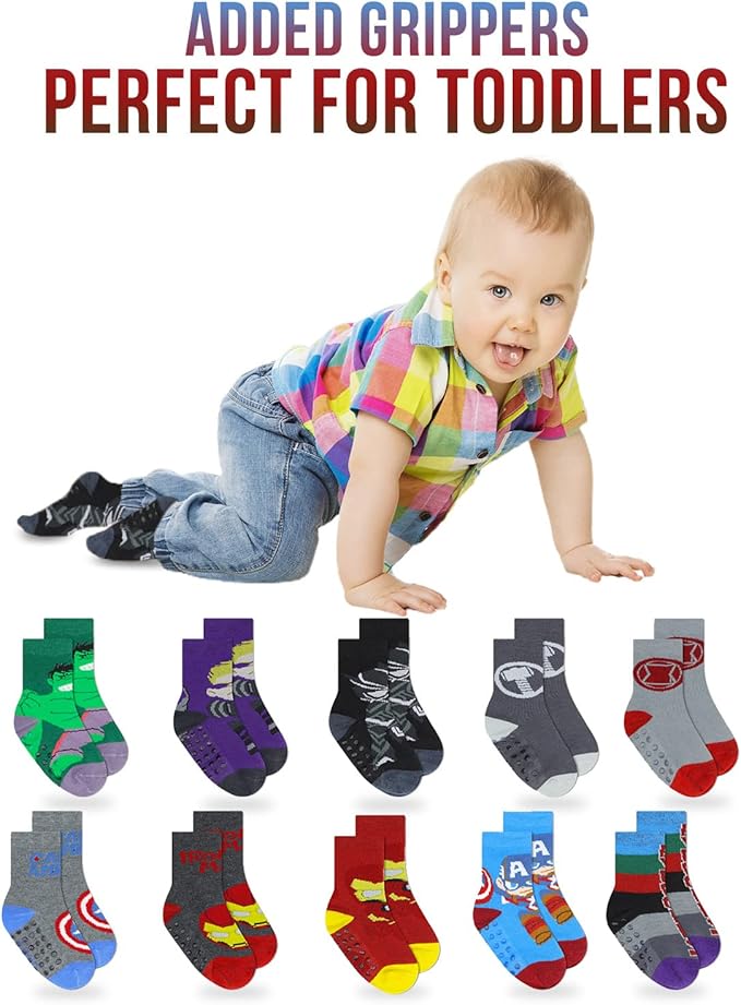 Marvel Spiderman Grip Socks, 10 Pack, Toddler Boys, Ankle Length, Multicolor, Small