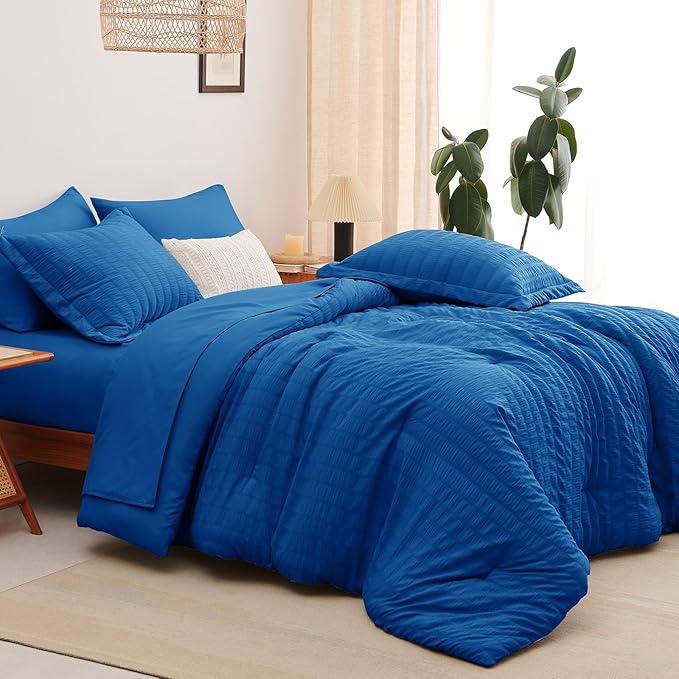 CozyLux King Size Comforter Set Classic Blue Seersucker 7 Pieces Bed in a Bag King Comforter Set with Sheets, Luxury Bedding Set with Down Alternative Comforter, Sheets, Pillowcases & Shams All Season