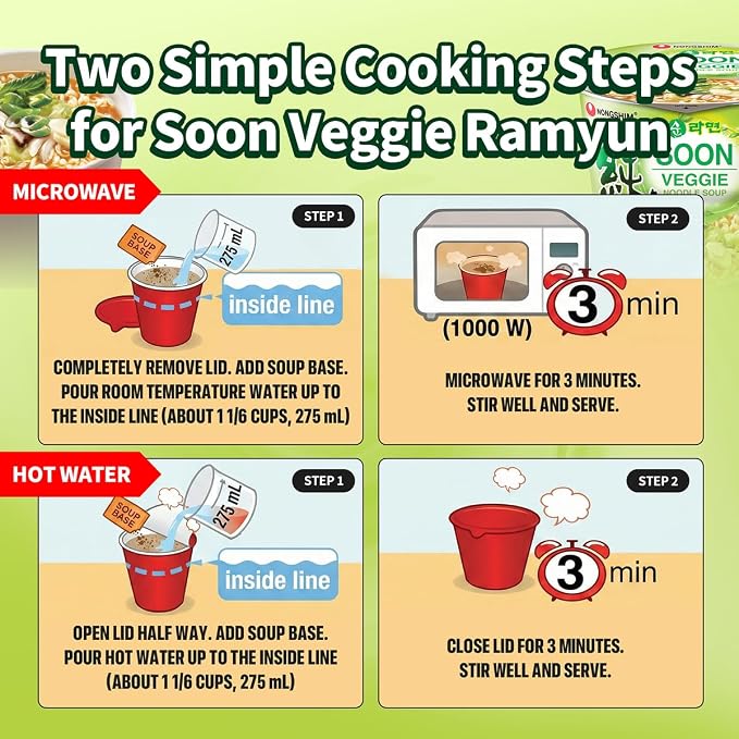 Nongshim Soon Veggie Ramyun Noodles, Signature Korean Instant Ramyun, Vegetable Flavored Broth, Vegan Noodles, Quick & Easy, Microwaveable Cup, 2.64 oz (Pack of 6)