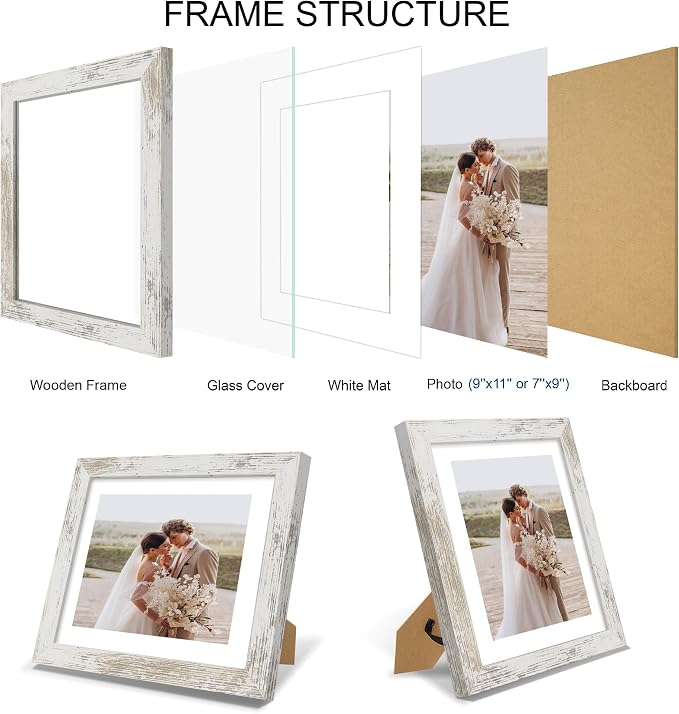 Hongkee 9x11 Picture Frame Set of 4, Made of Real Glass and Distressed White Frame - Display Picture 7x9 with Mat or 9x11 Without Mat, 9 by 11 Photo for Wall or Tabletop
