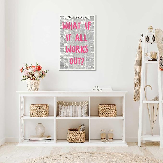 Drimiler What If It All Works Out Poster Retro Newspaper Pink Font Canvas Wall Art Positive Affirming Quote Minimalist Prints Painting For Home Bedroom Dorm Wall Decor 16x24in Wframed