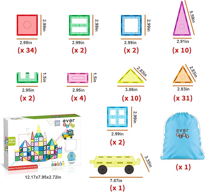 101pc Magnet Tile Building Blocks with Car Base Drawstring Carry Bag Magnetic Construction Playset Early Childhood Play Fine Motor Sensory Skills STEAM Educational Learning Toy Age 3+ EP101