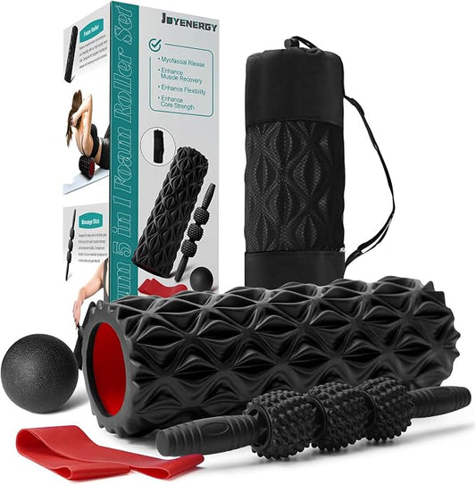 JOYENERGY 5 in 1 Foam Roller Set Trigger Point Foam Roller, Massage Roller Stick, Massage Ball, Stretching Strap for Deep Muscle Massage Pilates Yoga, Fitness Exercise for Whole Body (Black Diamond)