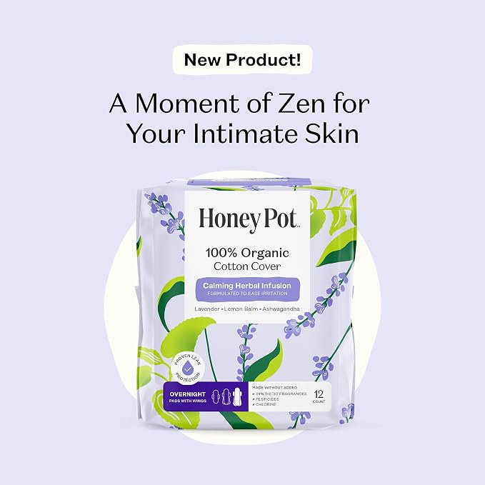 Honey Pot Calming Overnight Sanitary Pads for Women - 100% Organic Cotton Top Sheet - Feminine Care - Non Cooling - Calming Herbs of Lavender, Ashwagandha, & Lemon Balm - 12ct