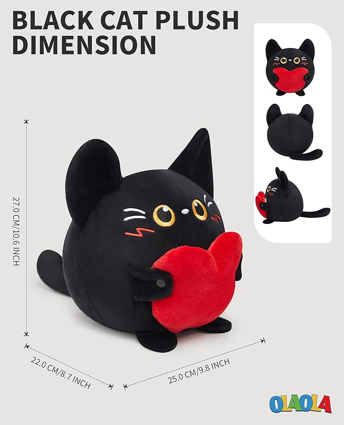 OLAOLA Black Cat Plush, Cute Cat with Love Stuffed Animals Plushies Toy, 10.6 Inch Soft Kitten Plushie Doll for Kids Adults