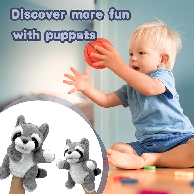 Hand Puppets Raccoon Puppets,9" Realistic Stuffed Animal Puppets for Toddlers Raccoon Stuffed Puppets for Kids with Movable Mouth,Raccoon Hand Puppets for Adults Hand Puppets for Toddlers 3