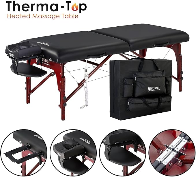 31" Montclair ThermaTop™ Master Massage Portable Massage Table with Memory Foam, Reiki Panels, & Shiatsu Cables (Black& Mahogany) Esthetician Bed- Lash Table