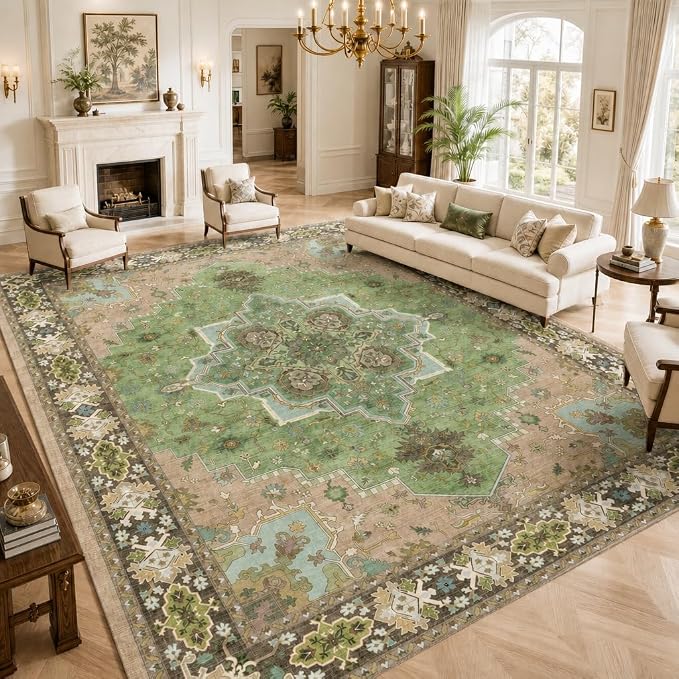 AMADA HOMEFURNISHING 9x12 Area Rug for Living Room, Vintage Washable Area Rug Low-Pile & Non-Slip Carpet for Bedroom Dining Room Nursery Home Office, Green