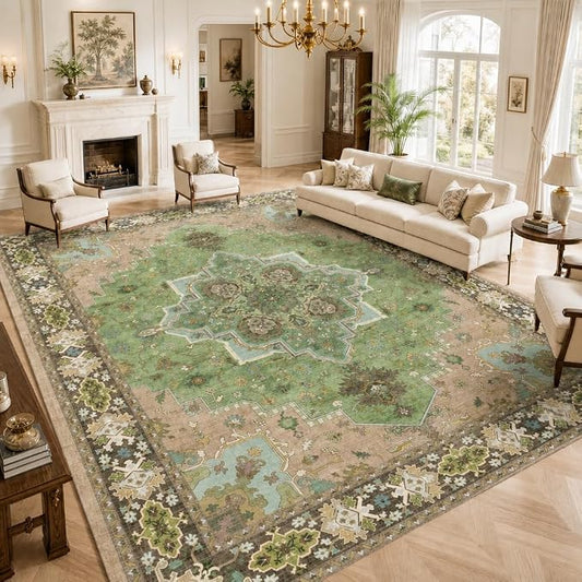 AMADA HOMEFURNISHING 9x12 Area Rug for Living Room, Vintage Washable Area Rug Low-Pile & Non-Slip Carpet for Bedroom Dining Room Nursery Home Office, Green