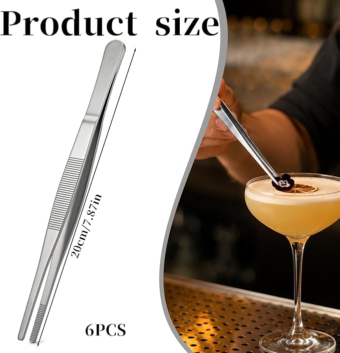 Kitchen Tweezers Bar Tweezers 8 In Long Cooking Tweezer 6 Pcs | Stainless Steel Garnish Tongs for Cooking Metal Tongs Reptile Feeding Tong Kitchen Tong for Korean Barbecue Cocktail