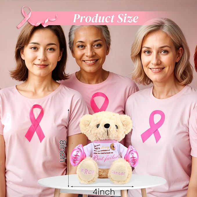 Breast Cancer Awareness Stuffed Bear Plush – 8" Fuck Cancer Teddy Bear Stuffed Animal Toy with Pink Boxing Gloves, Breast Cancer Comfort Gifts for Women, Inspirational Gift For Cancer Warrior Fighter