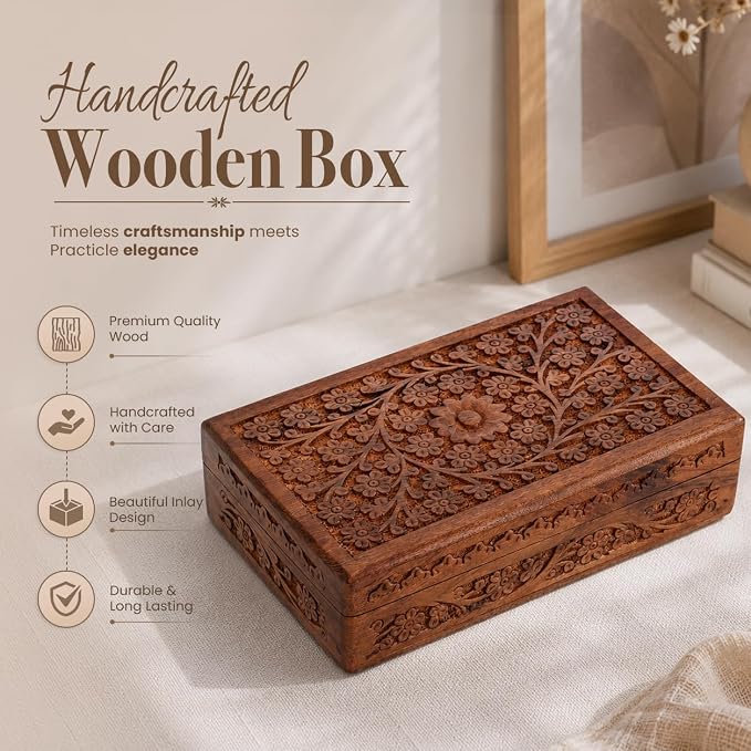 Ajuny Wooden Handcarved Decorative Jewelry Storage Box Flower Design Multipurpose Treasure Chest Keepsake Organizer Necklaces Watch Boxes Great for Gifts 10x6 Inch