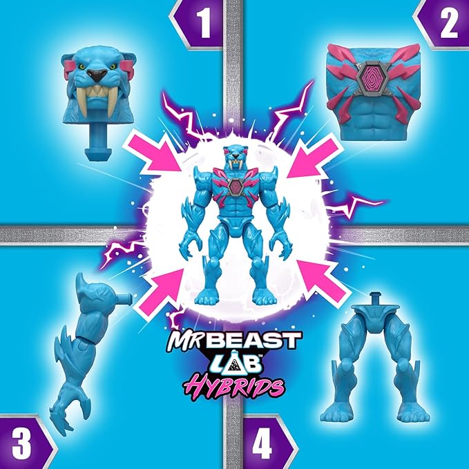 MRBEAST LAB Hybrids Single Pack, Mix & Match Millions of Combinations to Create The Ultimate Beast and Reveal Individual Beast Parts to Create 1 of 10 4" Hybrid Figures, 30+ to Collect