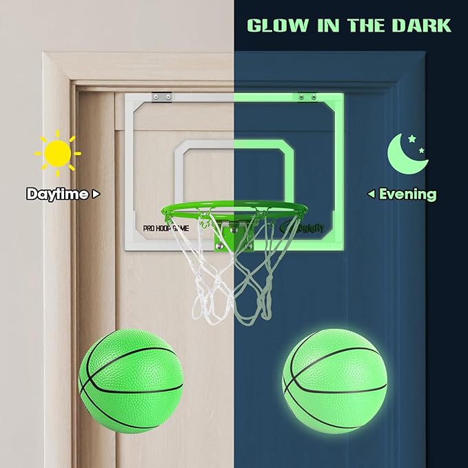 AOKESI Mini Portable Basketball Hoop Indoor Glow in The Dark, Over The Door Basketball Net Goal for Room Outdoor Play Game Toys Gift for Adult Kids Boys 5 6 7 8 9 10