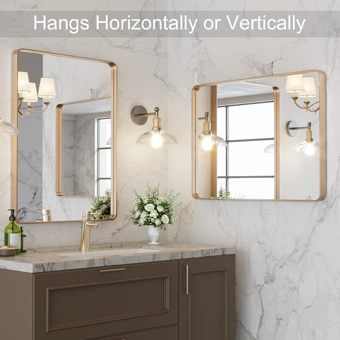LOAAO 22"X30" Gold Bathroom Mirror | Rounded Rectangle, Brushed Gold Frame, Wall-Mounted, Anti-Rust, Hangs Horizontally or Vertically