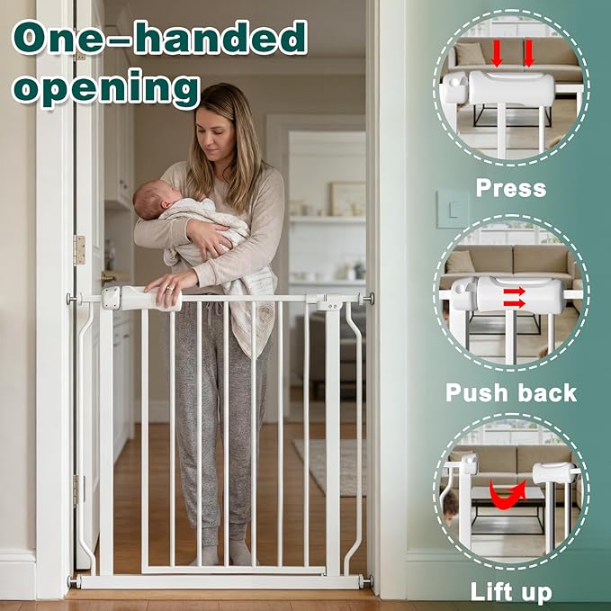 TSAYAWA Extra Wide Walk Through Baby Gate with Door, 62-67 Inch Wide Presure Mounted No Drill Metal Auto Close Child Gate for Stair Doorway - Indoor Outdoor Safty Gate for Toddler Dog Doggie, White