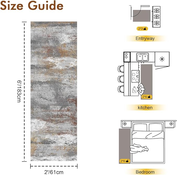 2x6 Ft Washable Runner Rug, Non-Slip Low Pile Hallway Kitchen Area Rug, Soft Abstract Long Entryway Floor Mat Print Pattern Carpet for Bedside & High-Traffic Areas (Grey/Gold-Brown/Red-Brown)