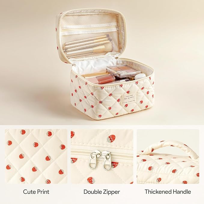 HBselect Quilted Makeup Bag, 3PCS Cotton Large Travel Makeup Bag, Cute Floral Coquette Make up Bag Cosmetic Bag Toiletry Bag for Women Girls