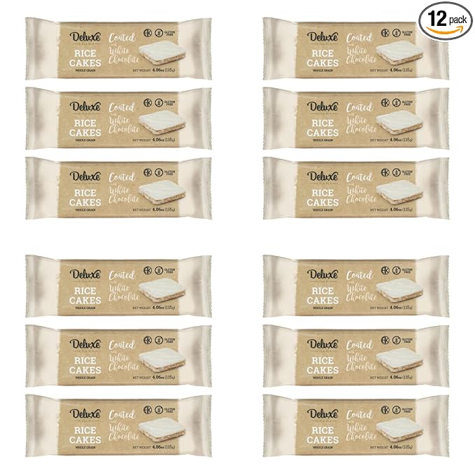 Deluxe & Bla Bla Thin and Crispy Strawberry Yogurt Chocolate Rice Cakes, Kosher Certified Dairy, Gluten Free, Nuts Free Snack Pack Of 12 (Pack of 12, White Chocolate)