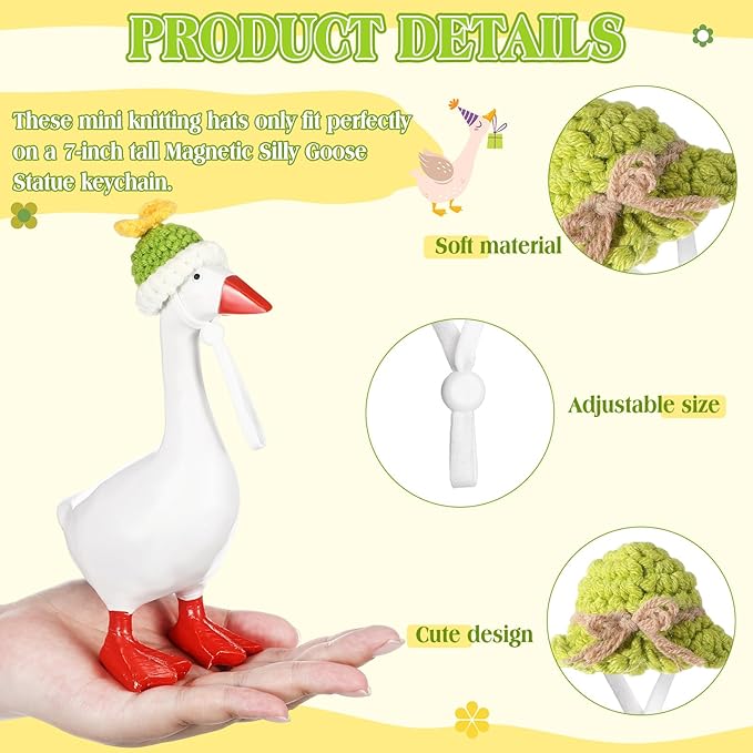 Geyoga 6 Pcs Mini Knitted Hats 7 Inch Goose Outfits Hat with Adjustable Strap Mini Porch Goose Headwear for Statue Key Holder