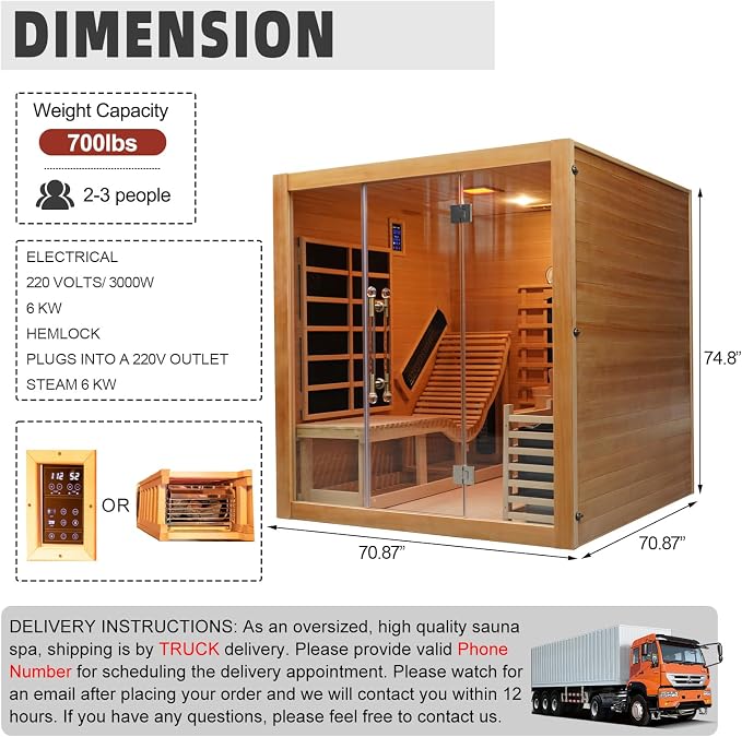 Infrared & Steam Dual-System Sauna Room, 2-3 Person Canadian Hemlock Wood Sauna with Recliner, Indoor Traditional Hybrid Home Saunas Spa with 9 Heaters & 6KW Sauna Stove, Oxygen Bar