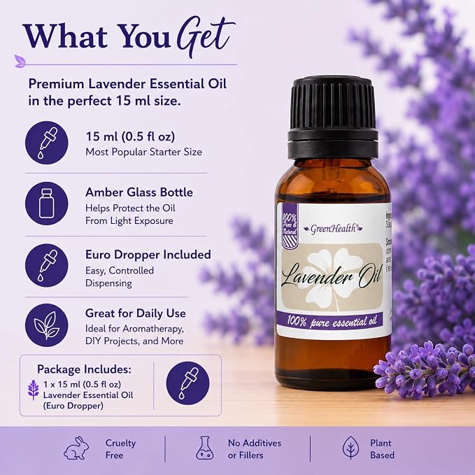 GreenHealth Lavender Essential Oil – 1/2 fl oz (15 ml) Amber Glass Bottle w/Euro Dropper – 100% Pure & Uncut – Lavender Oil for Diffusers, Aromatherapy, Candles, Soaps & DIY