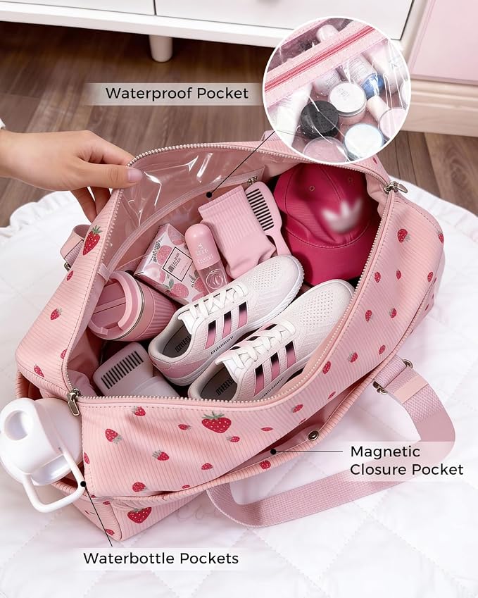 Hihealer Strawberry Gym Bag for Women & Girls, Corduroy Yoga Mat Bag with Holder, Large Capacity Dance Duffel Bag for Pilates, Travel Weekender Bag with Wet Pocket