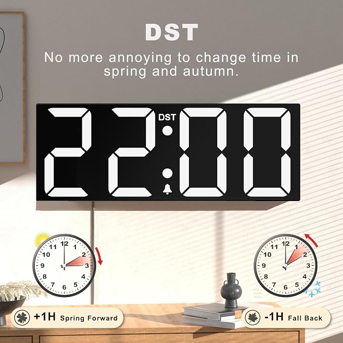 JALL 22" Large Digital Wall Clock, Big LED Number Dispaly, DST, Night Light for Classroom, Living Room, Bedroom, Mounted, Birthday Xmas Gift for Senior, Mem Womem Mom Dad, White