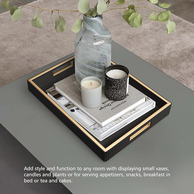 Leather Tray Desktop Storage Organizer, Rectangle Valet Tray, Black | Premium Serving Trays with Handles, Decorative Tray Desk Organizer for Sundries Cosmetics Phone Wallet Keys Cutlery