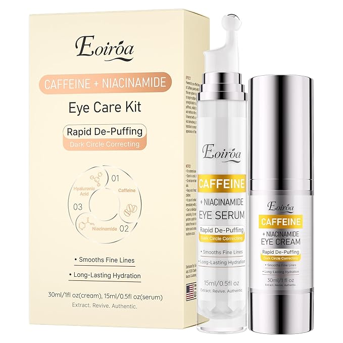 Anti-Aging Caffeine Eye Cream and Serum Set for Dark Circles, Puffiness and Fine Lines - Firming Under Eye Treatment with Niacinamide and Hyaluronic Acid for Brightening and Hydrating Sensitive Skin