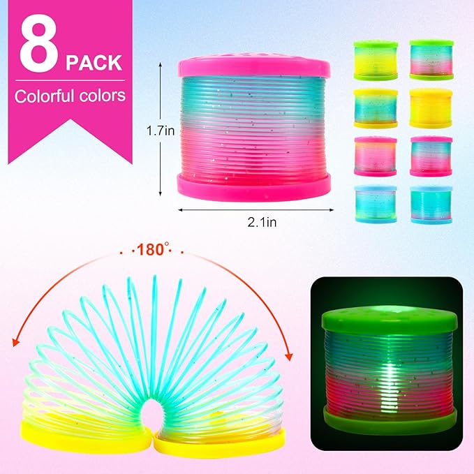 8 Pack Glow Coil Spring Toy, Mini Springs Rainbow Magic Fidget Toys for Kids Boys Girls, Glow in the Dark Party Favors, Projection Star Night Light toy Carnival Prize, Pinata Fillers for Toddlers