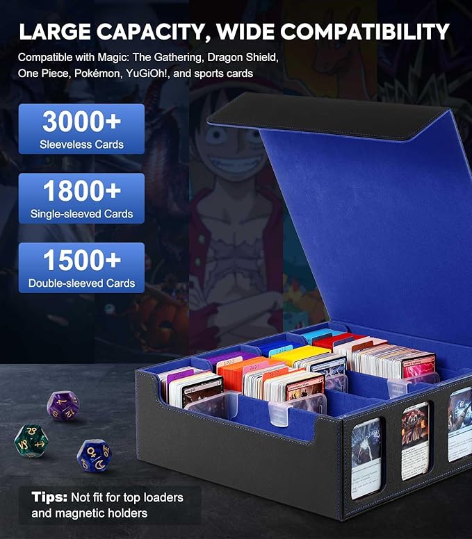 MoKo Card Storage Box for Trading Cards, 3000+ MTG Deck Box with 24 Colorful Dividers & 4 Card Supporters, Commander Card Deck Case with Display Window, Fits for Magic Game Cards, YugiOh, Black Blue