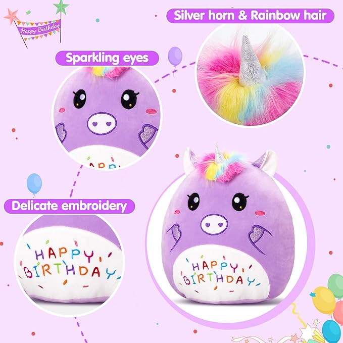 12” Birthday Unicorn Plush Pillow,Cute Unicorn Stuffed Animal,Soft Plushies Pillow,Happy Birthday Plush Toy Gifts for Kids Toddlers Girls Boys Room Decor (Purple)