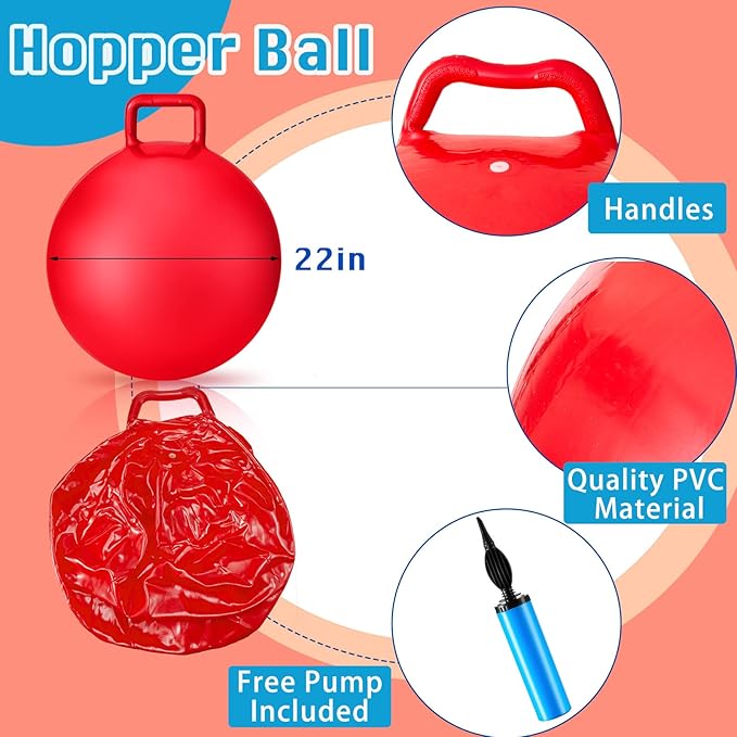 Lewtemi 3 Pcs 22 Inch Bouncing Ball with Handle, Outdoors Hopper Jumping Hopping Ball and Air Pump for Sports Exercise (Red, Blue, Green)