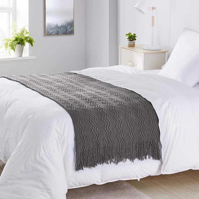BOURINA Dark Grey Throw Blanket 50x90 Inch Boho Knit Soft Throw Bed Blanket | Knitted Throw Blanket 50x90 Inches, Soft Lightweight Boho Weave Throw Decorative Couch Blanket for Living Room Bed Runner