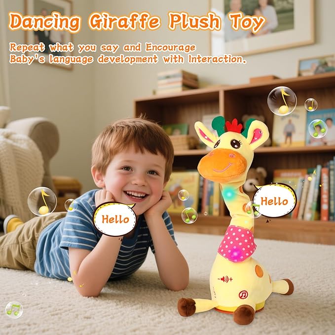 LUKETURE Dancing Talking Giraffe Toy Stuffed Plush, Cute Interactive Talking Giraffe Gift for Girls Boys Kids, Musical Baby Toys Singing 10 Children's Song Repeats What You Say (Dancing Giraffe)