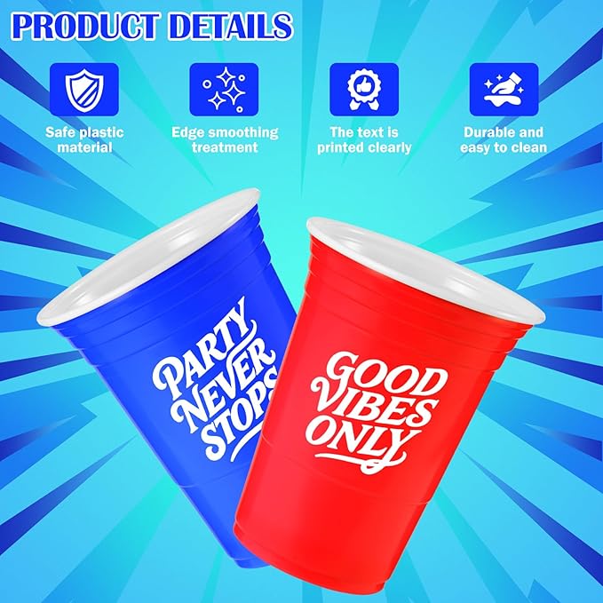 60PCS Cup Pong Game Set - 16 Oz Red & Blue Plastic Party Cups for Party Games, College Parties, Graduation Parties, Seasonal Parties, Family Gatherings and Back to School Events (red+blueS1)