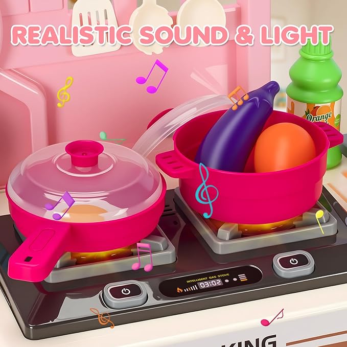 Kids Kitchen Playset, Toddler Play Kitchen Set Toys with Sound & Light, Cooking Stove, Play Sink, Play Food Kitchen Accessories, Pretend Kitchen Toy for Kids Toddlers Girls Ages (Pink)