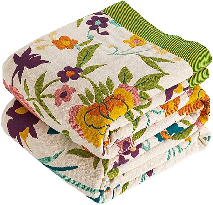 VANJOROY Boho Throw Blanket, 100% Organic Cotton Breathable Ultra Soft 91" x 98" Bed Quilt Throw - All Season Floral Rustic Farmhouse Decor Luxury Reversible Blanket for Sofa Couch Chair and Gift