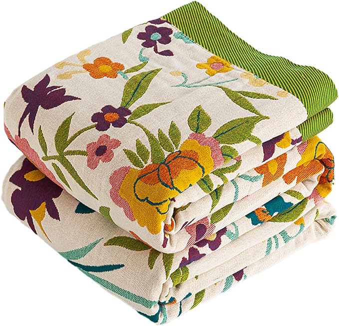 VANJOROY Boho Throw Blanket, 100% Organic Cotton Breathable Ultra Soft 80" x 90" Bed Quilt Throw - All Season Floral Rustic Farmhouse Decor Luxury Reversible Blanket for Sofa Couch Chair and Gift