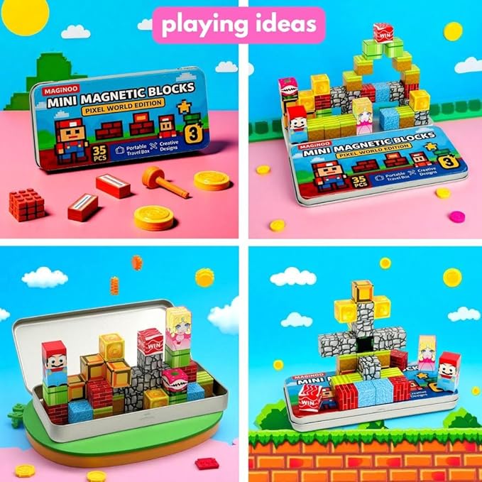 35PCS Pixel World Edition Mini Magnetic Blocks – Creative 3D Building Cubes, STEM Travel Toy in Magnet Box, Compact Magnetic Toy for On-The-Go Play, Gift for Kids Ages 3–8, Boys & Girls
