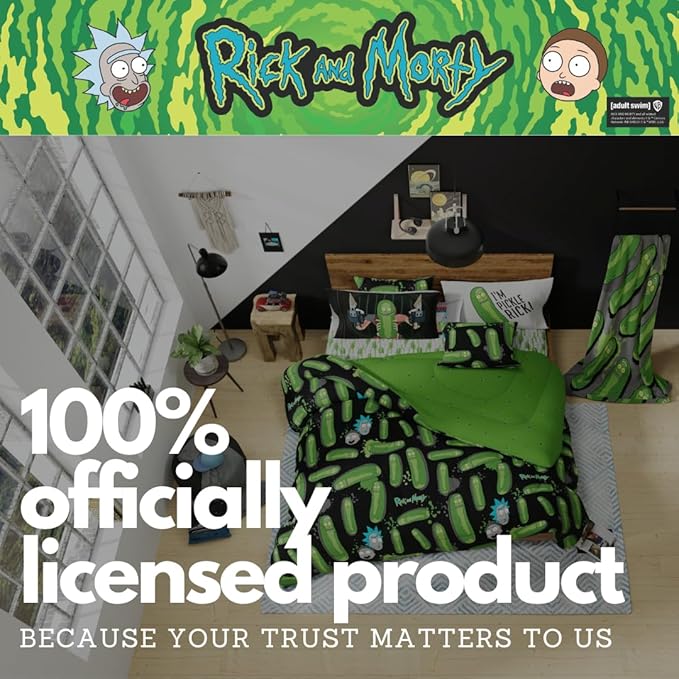 Rick & Morty Bedding 7 Piece Super Soft Cozy Reversible Comforter and Sheet Set with Sham, Queen, (Officially Licensed Product) By Franco