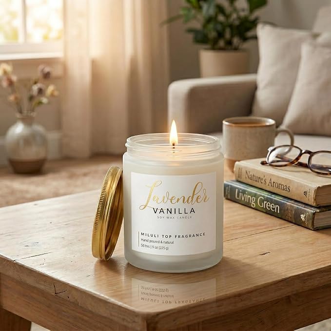Lavender Vanilla Scented Candles for Home - 15% Essential Oil Luxury Aromatherapy - Handmade Natural Soy Wax Candle for Relaxation,Sleep- 9oz Frosted White Jar,50H Clean & Non-Toxic Burn