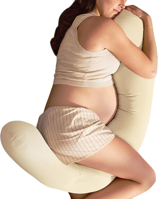 Frida Mom Compact Support 4-in-1 Pregnancy Pillow, Cooling Pregnancy Pillow, Twist & Bends into 4 Shapes for Comfort & Full Body Support, Compact Storage, Easy to Clean, Breathable, Storage Bag, Ivory