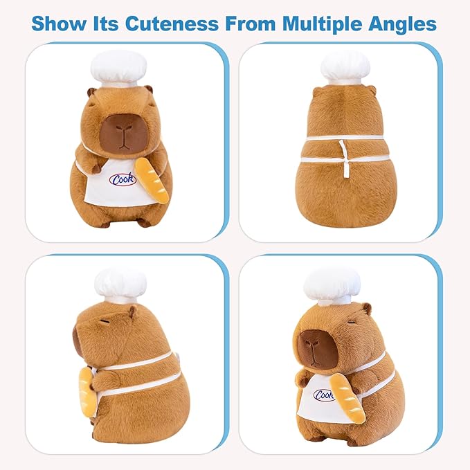 Ditucu Cute Capybara Plush with Cooking Chef Hat 13 inch French Baguette Bread Capibara Stuffed Animal Soft Plushies Toys Gifts for Kids Brown