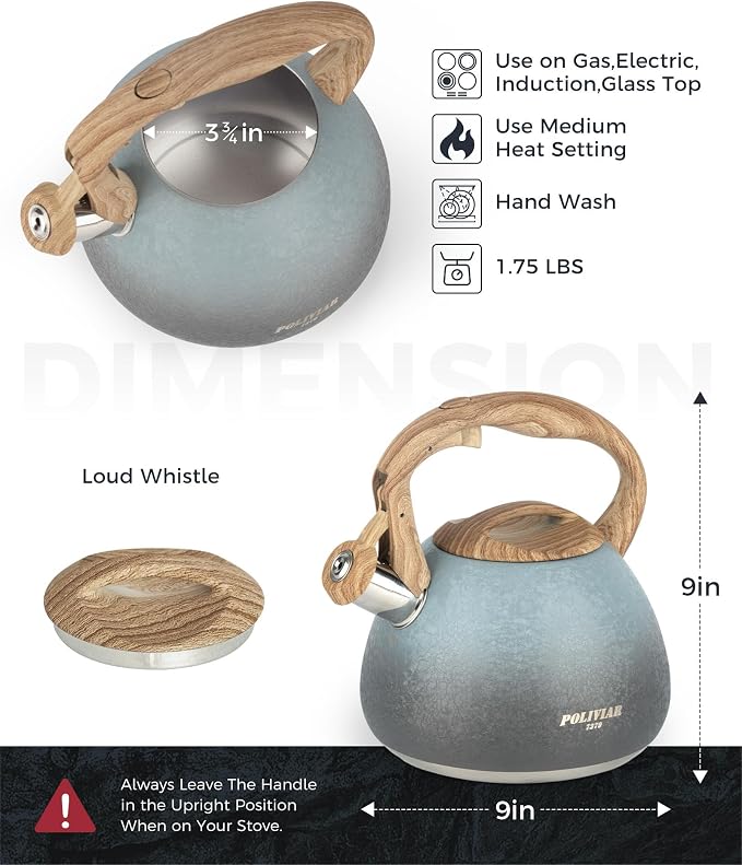 POLIVIAR Tea Kettle, 2.7 Quart Stovetop Tea Kettle, Audible Whistling Teapot with Crackle Finish, Food Grade Stainless Steel for Anti-Rust, Anti Hot Handle, Suitable for All Heat Sources (JX2023-LYL)