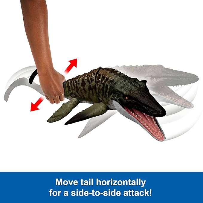 Mattel Jurassic World Rebirth Bite N Blast Mosasaurus Action Figure & Mini Dilophosaurus, Wide Jaw Dinosaur Toy, Movie-Accurate Posable, Digital Play